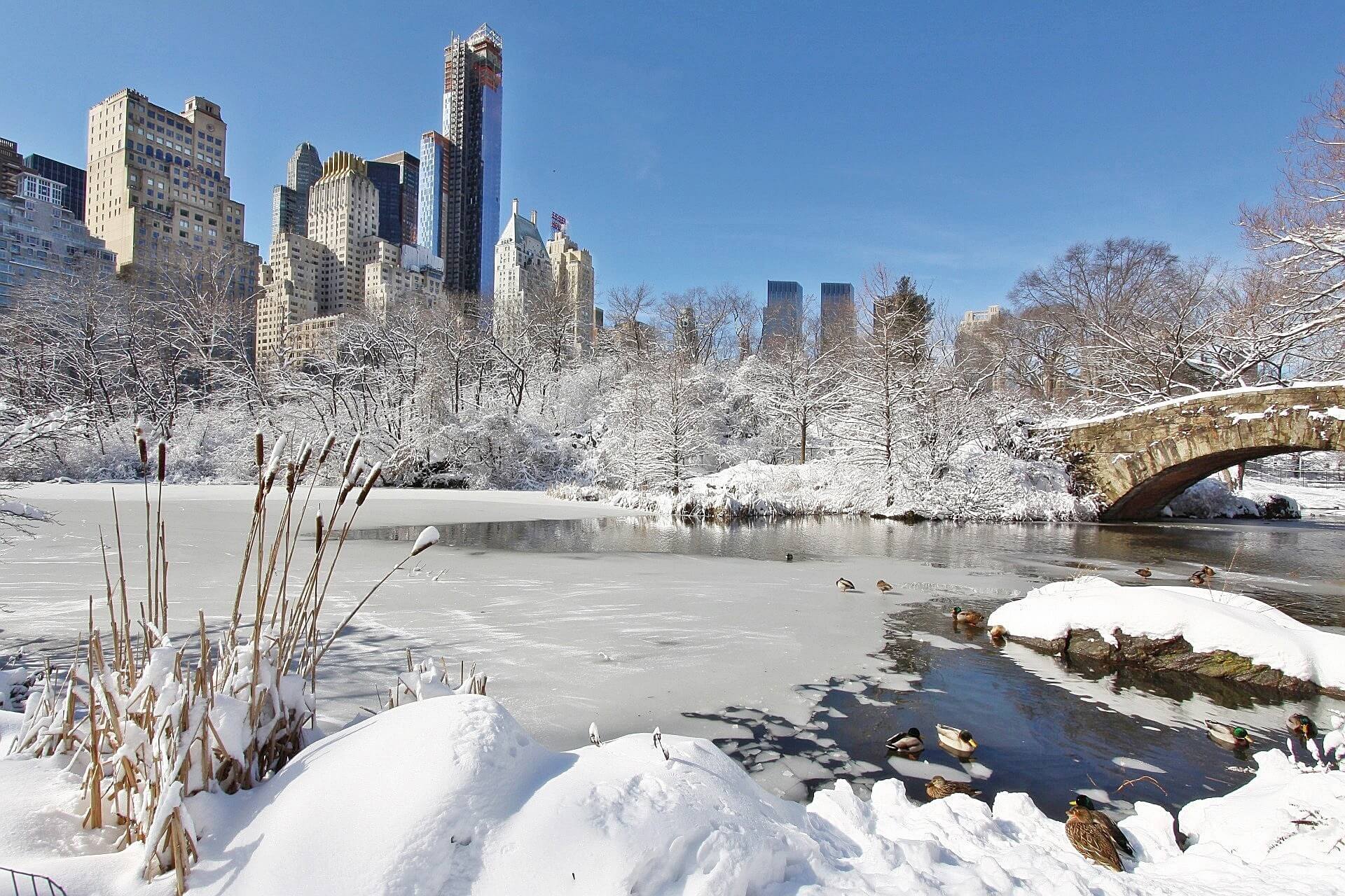 Verschneiter Ausschnitt des Central Parks mit New Yorker Wolkenkratzern im Hintergrund
